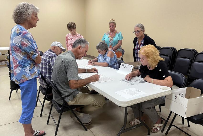 A group of volunteers demonstrate a hand count of ballots during an Election Integrity Town Hall at the Hill Country Youth Event Center in Kerrville on Aug. 22, 2023. The event was hosted by Kerr County Commissioner Rich Paces, who has since February advocated that the county get rid of its voting machines and instead use volunteers to hand count election results.