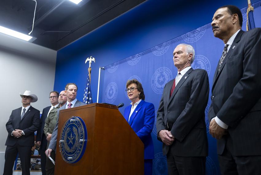 Harris County District Attorney Kim Ogg speaks during a press conference regarding corruption in Lina Hidalgo’s staff at the Harris County Criminal Justice Center on Thursday, April 25, 2024, in Houston.