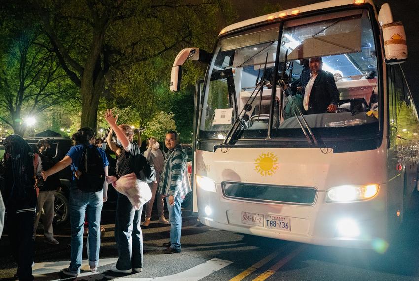 Two buses transporting migrants from Texas arrive at Union Station in Washington, D.C. on April 21, 2022. Gov. Greg Abbott’s new plan in response to the end of Title 42, a pandemic-era emergency health order which allowed immigration authorities at the border to deny entry.