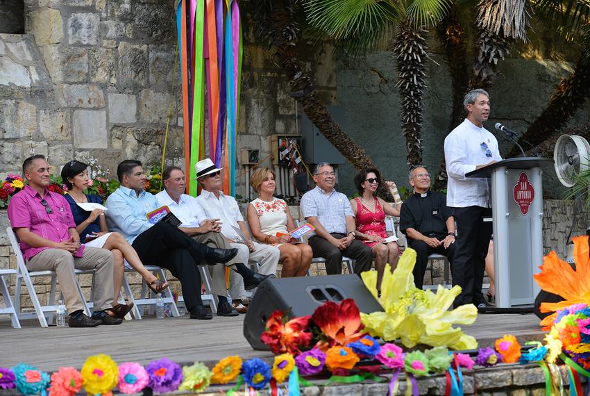 As newly sworn-in city council members look on, San Antonio Mayor Ron Nirenberg speaks to the crowd at his Wednesday swearing in at the Arneson River Theater on the San Antonio Riverwalk on June 21, 2017.