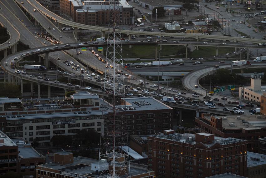 A view of Woodall Rodgers Freeway from The Tower Club on the 48th floor of the Santander Tower in downtown Dallas on Nov. 07, 2023.