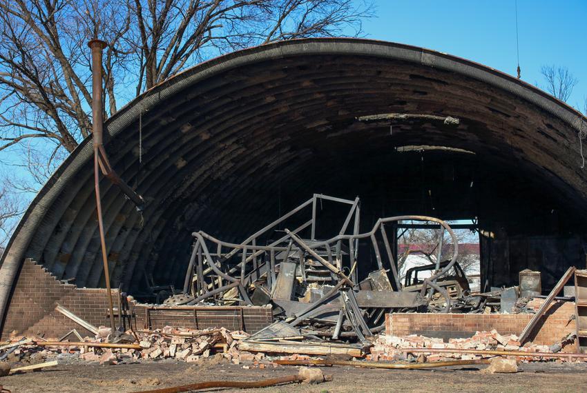 A structure damaged by the flames of the Smokehouse Creek Fire in Stinnet, Texas.