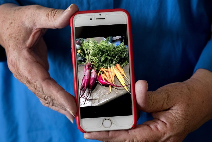 Anita McHaney displays a photo of her beets and carrots. She and her husband stopped farming after learning that they could not sell pickled beets.