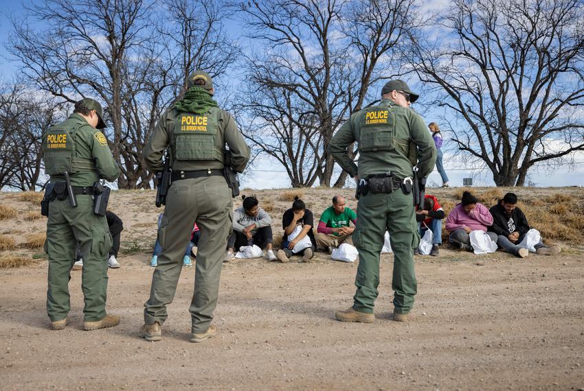 A group of migrants are detained by U.S. Border Patrol on Feb. 3, 2024, in Quemado.