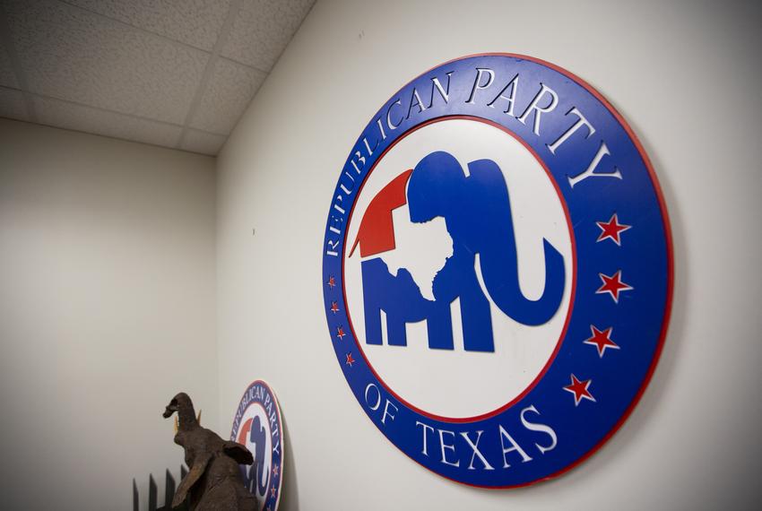 Republican Party emblems and signs at the Republican Party of Texas office in downtown Austin.