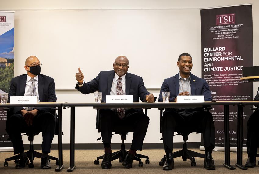 Dr. Robert Bullard, center, speaks at a roundtable event with EPA Administrator Michael Regan at Texas Southern University on Thursday, Nov. 18, 2021.