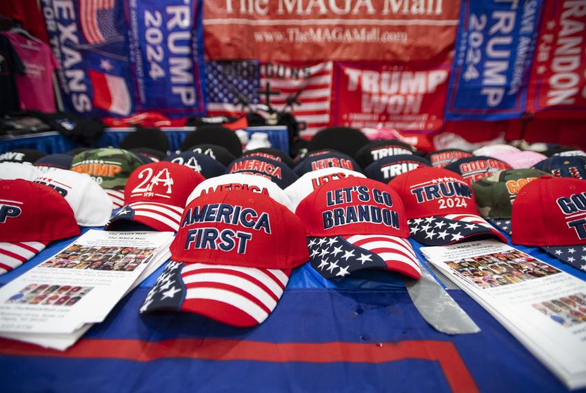 Hats for sale at the MAGA Mall booth during the Republican Party of Texas 2022 convention in George R. Brown Convention Center Friday, June 17, 2022, in Houston.