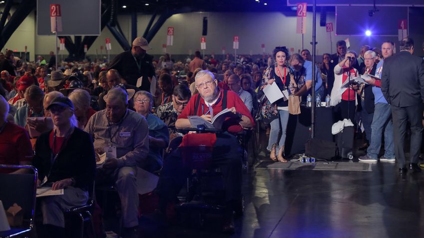 Delegates listened to proposed amendments to the legislative priority list during the 5th General Meeting of the 2022 Texas State Republican convention on Saturday.