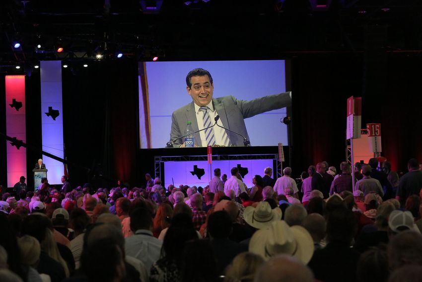 Republican Party of Texas Chairman Matt Rinaldi gives voting directives during the 5th General Meeting of the 2022 Texas State Republican Convention on June 18, 2022.