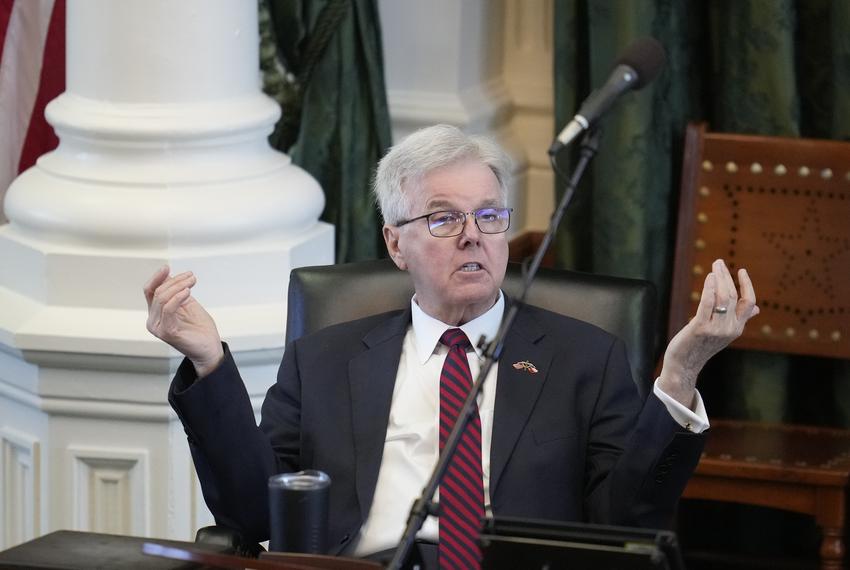 Lt. Gov. Dan Patrick on the dais in the Senate chamber as senators are in recess at the start of the 3rd special session of the 88th Legislature on Oct. 9, 2023.