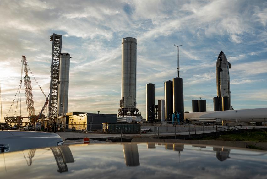 SpaceX rockets at the launch pad at the Brownsville facility on Oct. 20, 2021. On Oct. 22, Elon Musk said via Twitter the Starship rocket would be ready for an orbital launch by next month.