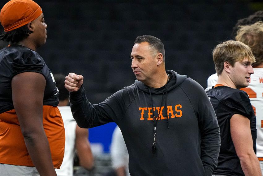 Texas Longhorns head coach Steve Sarkisian walks among players during practice at the Superdome on Saturday, Dec. 30, 2023 in New Orleans, Louisiana.