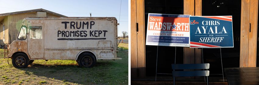 First: A van that reads 'Trump Promises Kept' sits off Main St. in Fredericksburg. Last: Campaign signs sit outside of a shop.