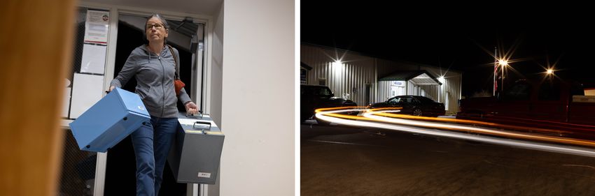 First: An election worker from Precinct 3 brings materials into the Elections Office on Tuesday. Last: A trail of light is left behind after a car leaves the parking lot of the Elections Office early Wednesday morning.