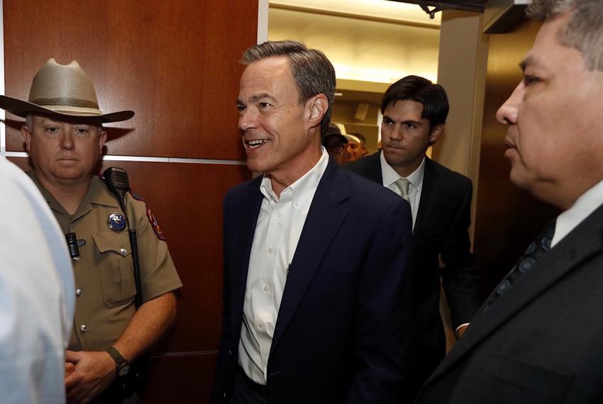 House Speaker Joe Straus emerges from a House Republican caucus meeting at the Reagan building in Austin on Aug. 15, 2017.