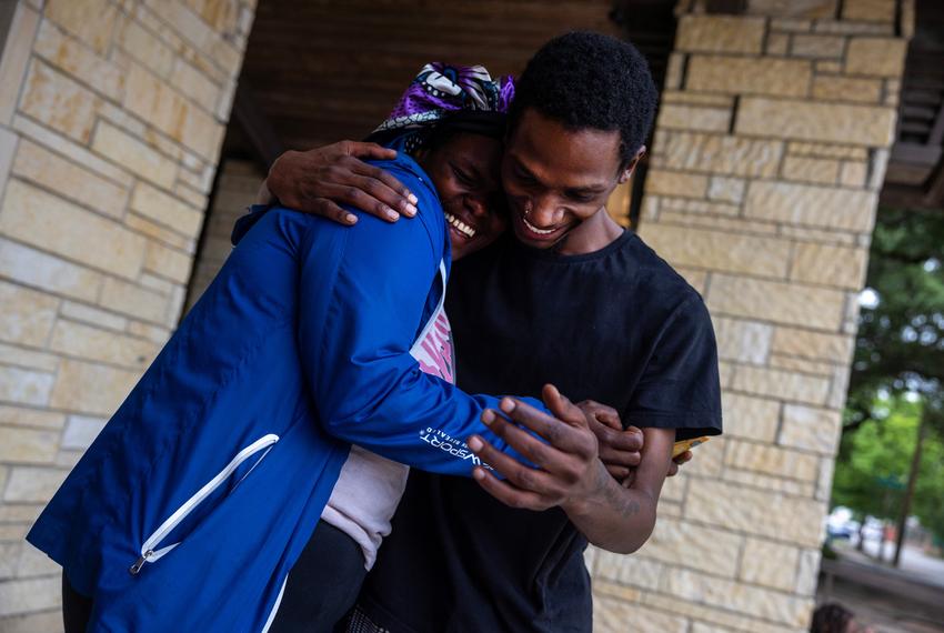 Alicia Bain, at left, and Brandon Williams has and laugh during a Youth Voices Empowered at Montrose Grace Place, Wednesday, May 1, 2024, in Houston.