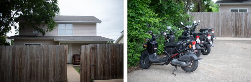 Left: The backyard door of Tan’s home stands ajar. The door leads to a driveway where Tan and his roommates park their vehicles at the end of a cul-de-sac. Right: Mopeds line the outside of Tan’s home. The proximity to campus allows Tan and his roommates to use the mopeds to get to campus.