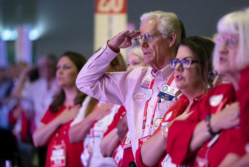 The Texas Republican Convention at the Henry B. Gonzales Convention Center in San Antonio. Bob Parks salutes the flag from the front row on June 14, 2018.