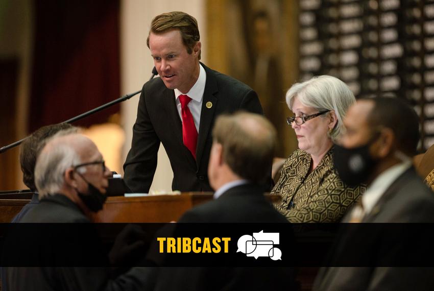 Hose Speaker Dade Phelan talks with several House members after gaveling in on a late night session at the Capitol on Oct. 18, 2021.