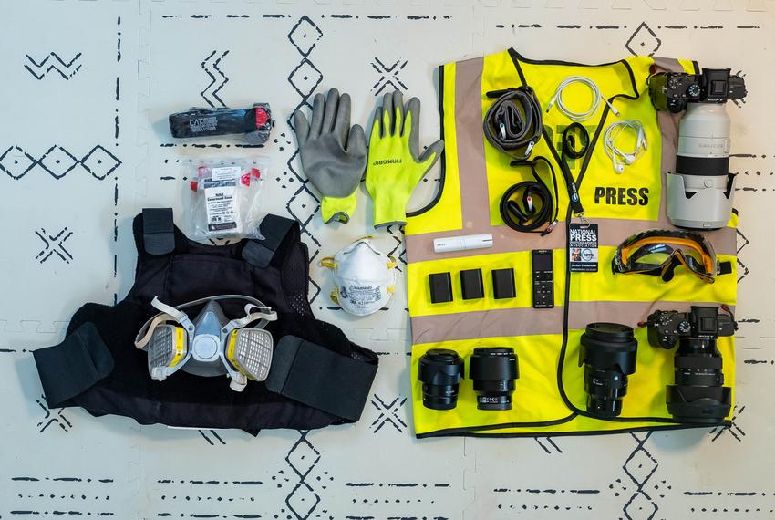 Personal protective equipment that Jordan Vonderhaar has used while covering protests and the COVID-19 pandemic. -