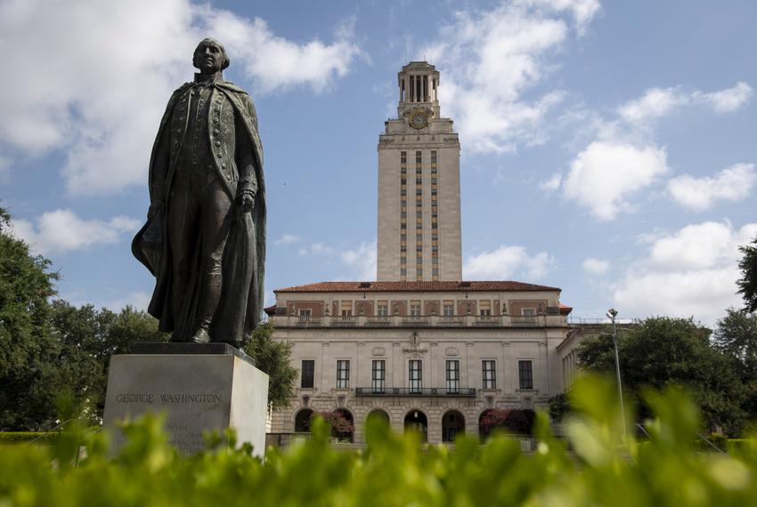 The statue of George Washington outside the University of Texas at Austin Main Building on July 16, 2020.