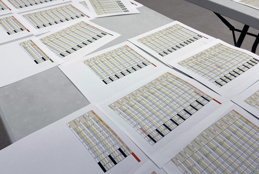 Printouts of all Gillespie County’s 13 precinct return totals for the Republican March 5 primary election were laid out across four tables at the county’s elections office on Thursday, March 14, 2024. 