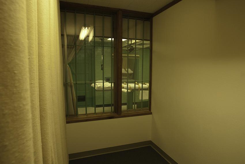 The execution chamber seen from one of two witness viewing rooms at the Texas Department of Criminal Justice's Huntsville Unit.