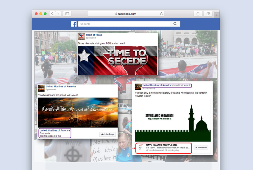 Screenshots released by federal lawmakers of Russian-linked Facebook pages promoting anti-Muslim and pro-Muslim rallies on the same day in 2016 in Houston.